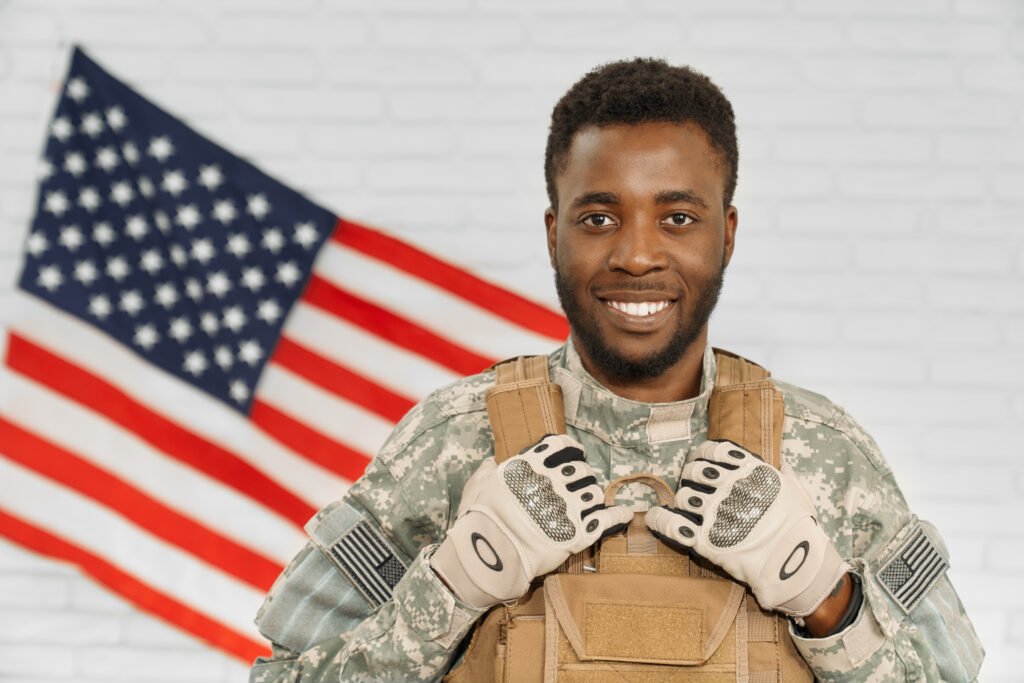 Happy soldier wearing Americans army uniform and armour.